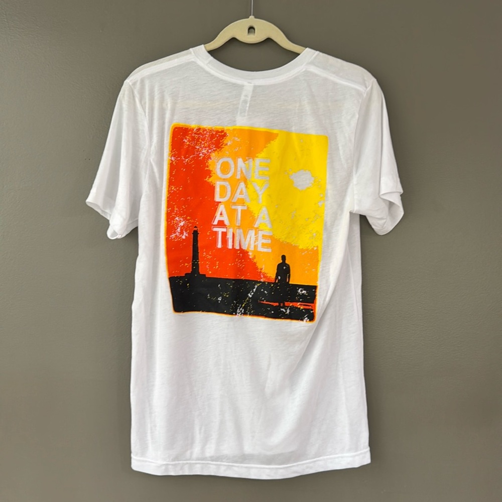 White lightweight T-Shirt Orange and Yellow “one day at a time” QUEST design
